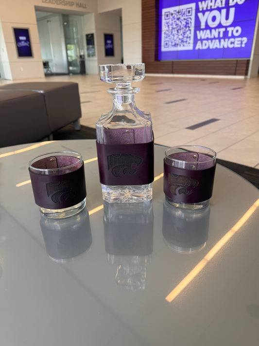 Powercat Purple Leather Decanter and Rocks Glasses